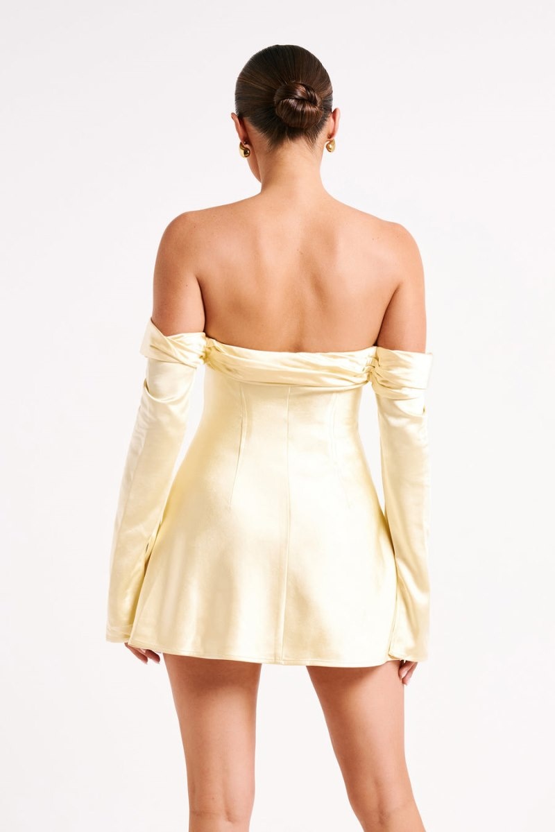 Women's Meshki Giselle Off Shoulder Satin Mini Dress Light Yellow Australia | K2E-7418