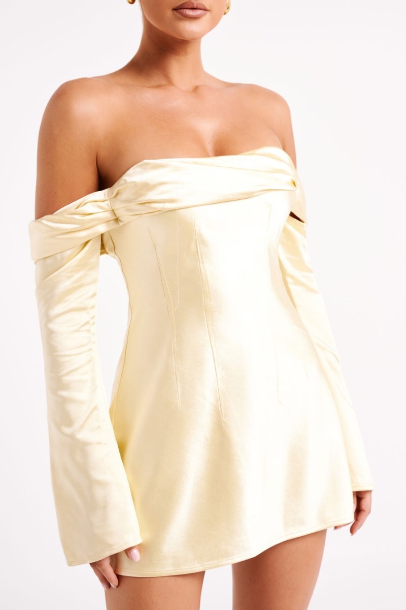 Women's Meshki Giselle Off Shoulder Satin Mini Dress Light Yellow Australia | K2E-7418