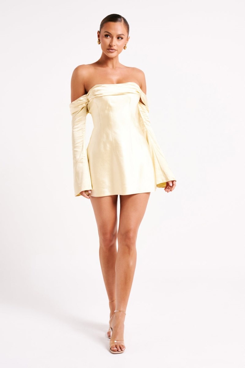 Women's Meshki Giselle Off Shoulder Satin Mini Dress Light Yellow Australia | K2E-7418