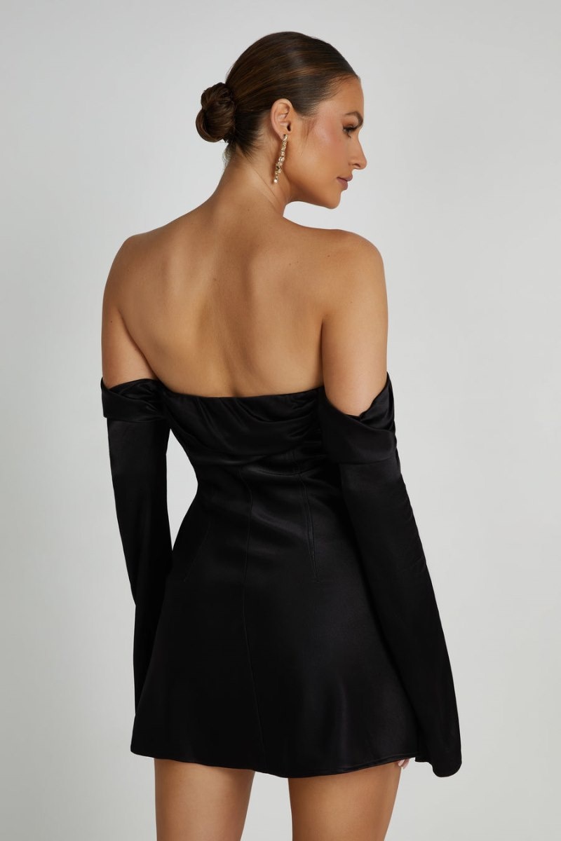 Women's Meshki Giselle Off Shoulder Satin Mini Dress Black Australia | V1M-6717