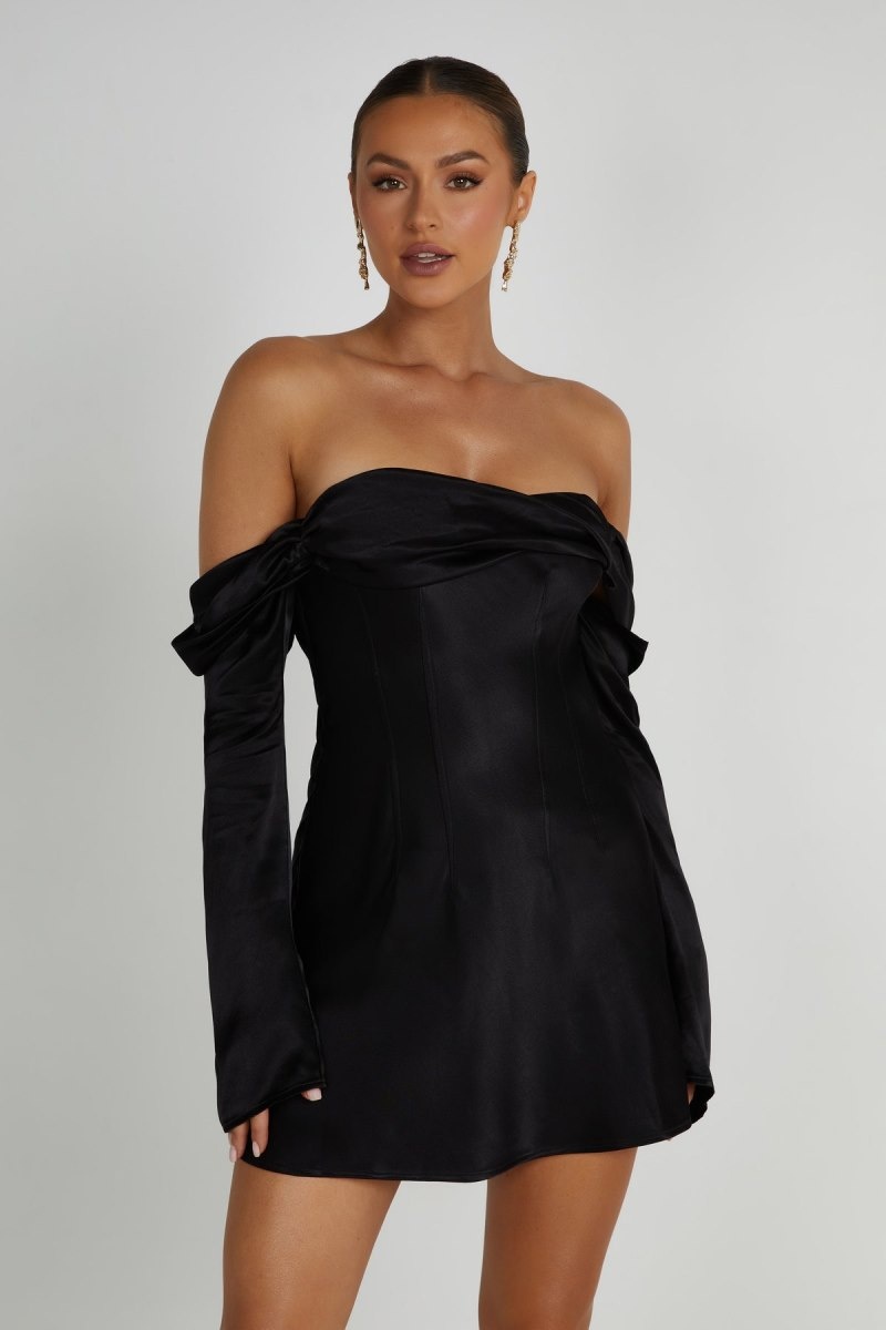 Women\'s Meshki Giselle Off Shoulder Satin Mini Dress Black Australia | V1M-6717