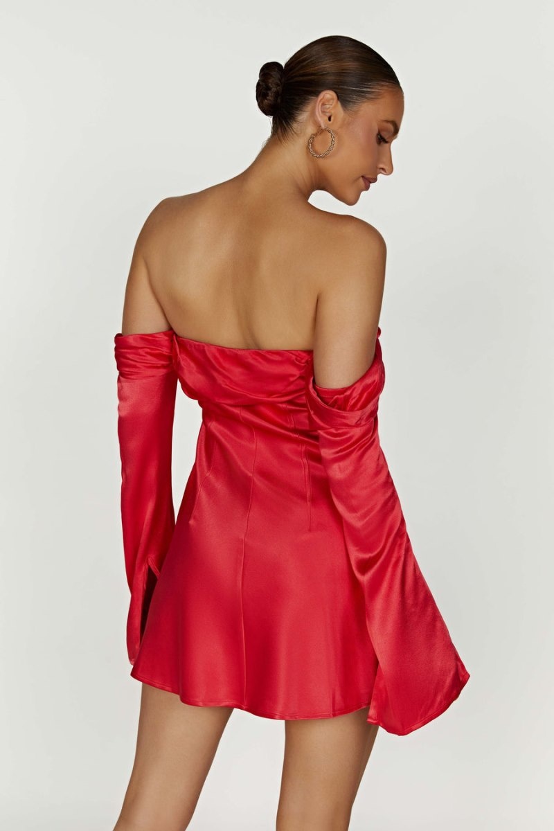 Women's Meshki Giselle Off Shoulder Satin Mini Dress Red Australia | W6D-7785