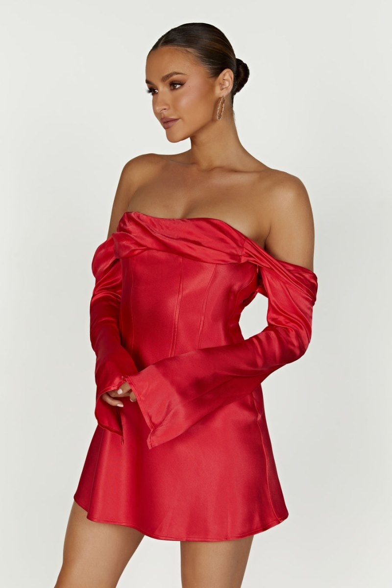 Women's Meshki Giselle Off Shoulder Satin Mini Dress Red Australia | W6D-7785