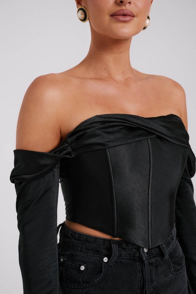 Women's Meshki Giselle Satin Off Shoulder Tops Black Australia | W5N-5743