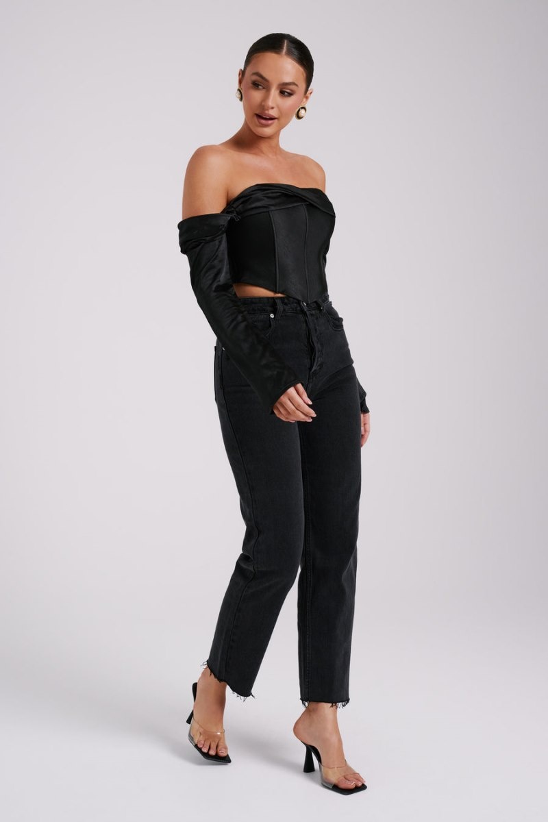 Women's Meshki Giselle Satin Off Shoulder Tops Black Australia | W5N-5743