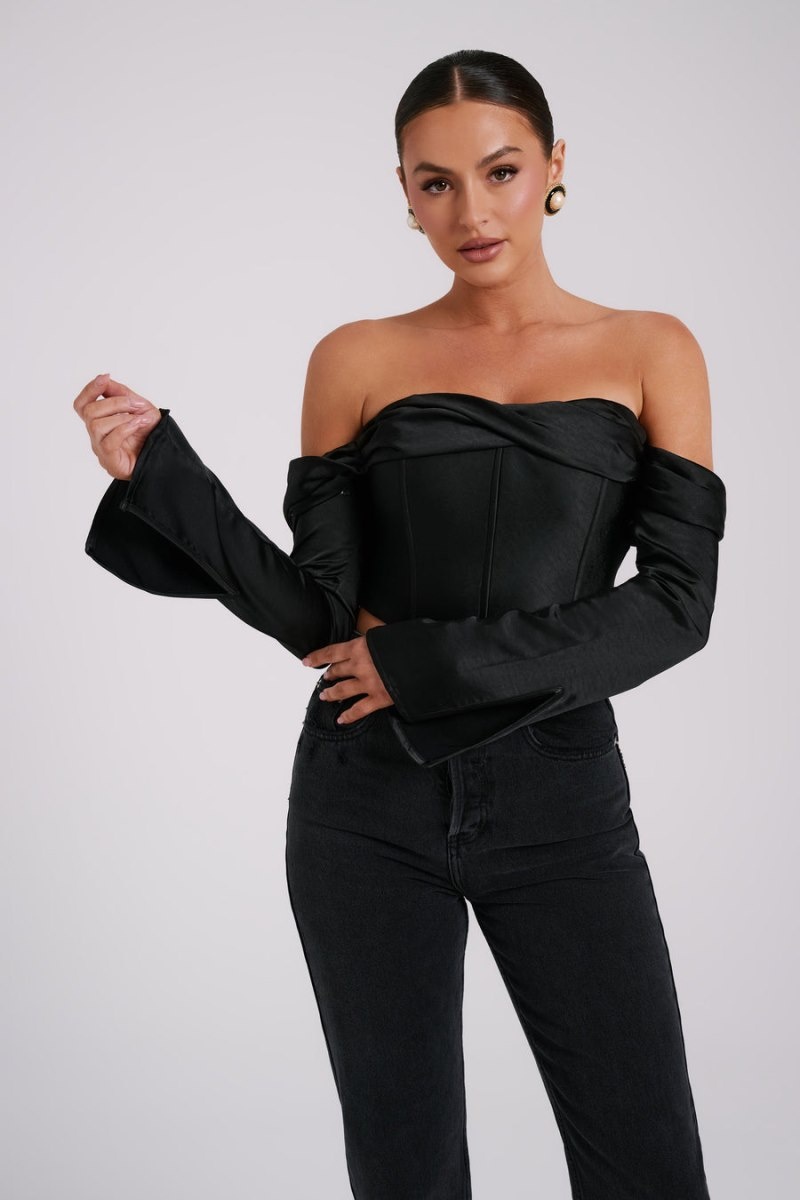 Women's Meshki Giselle Satin Off Shoulder Tops Black Australia | W5N-5743