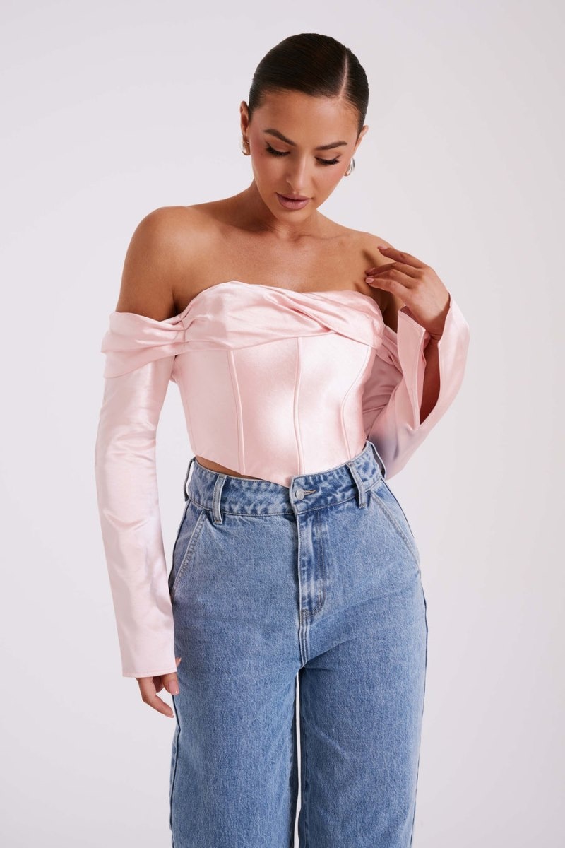 Women's Meshki Giselle Satin Off Shoulder Tops Pink Australia | U1T-6740