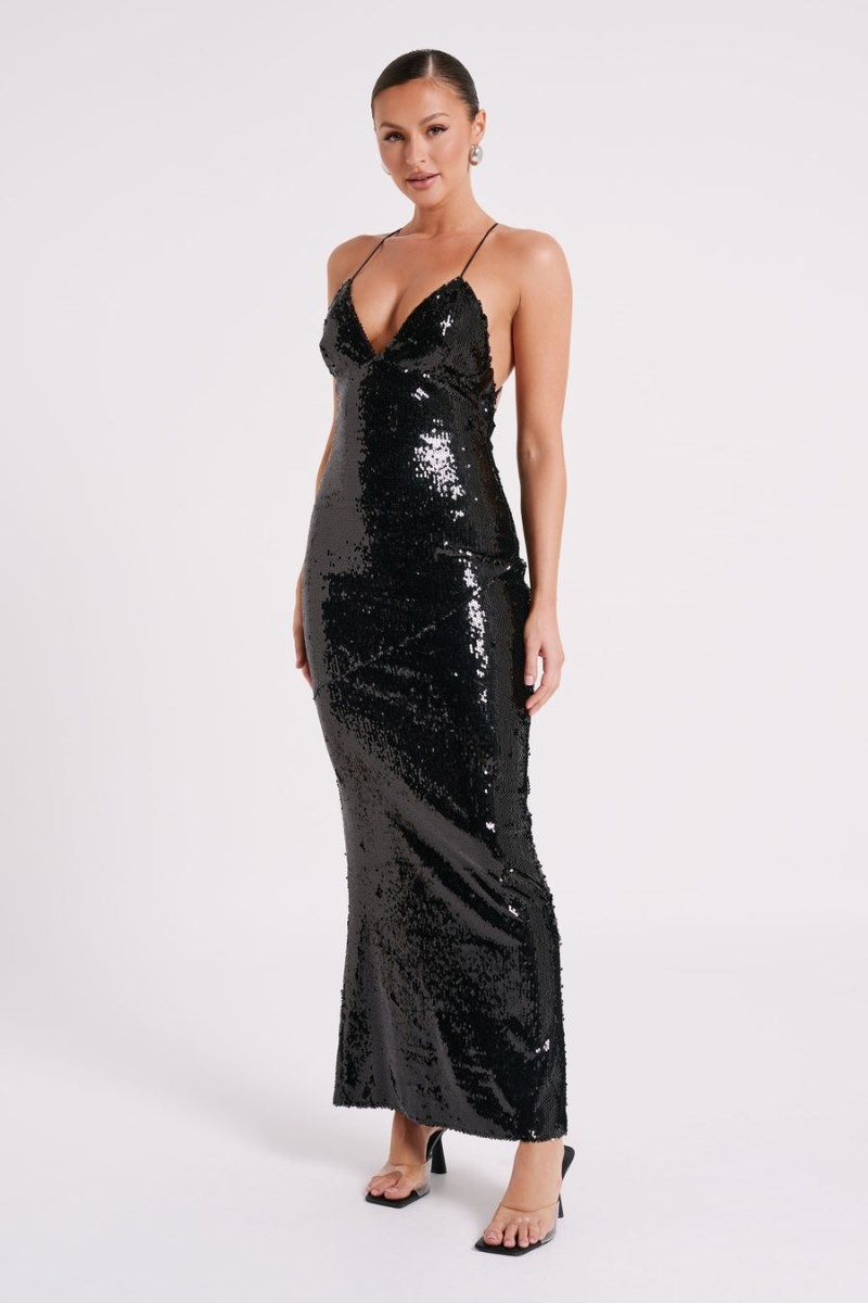 Women's Meshki Gracie Sequin Maxi Dress Black Australia | X0S-2633