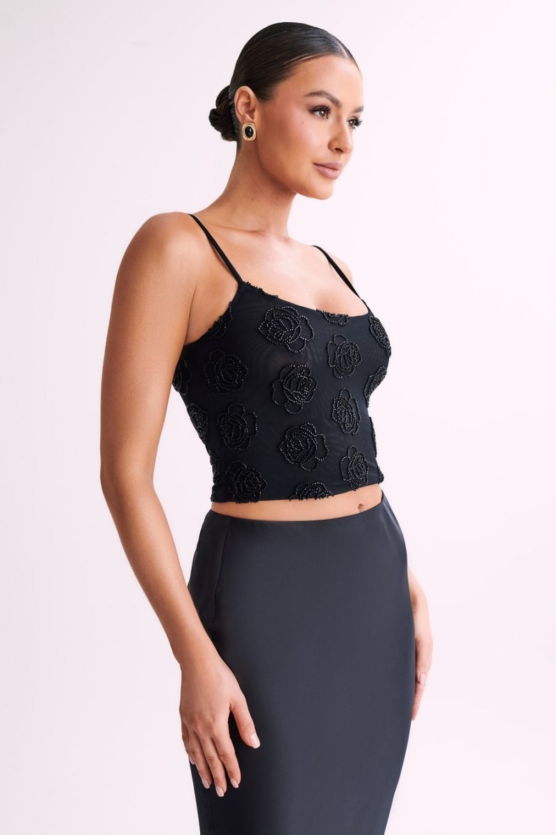 Women's Meshki Greta Rose Beaded Camisole Black Australia | P7S-8109