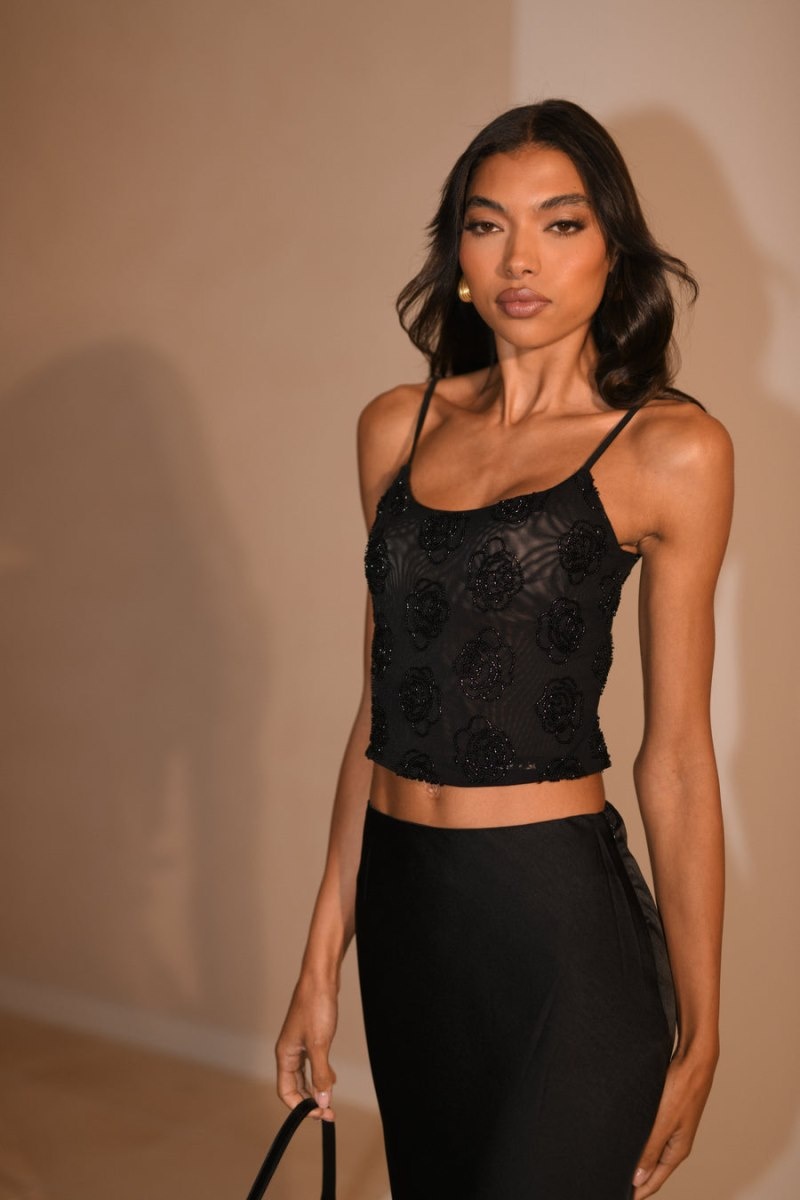 Women's Meshki Greta Rose Beaded Camisole Black Australia | P7S-8109