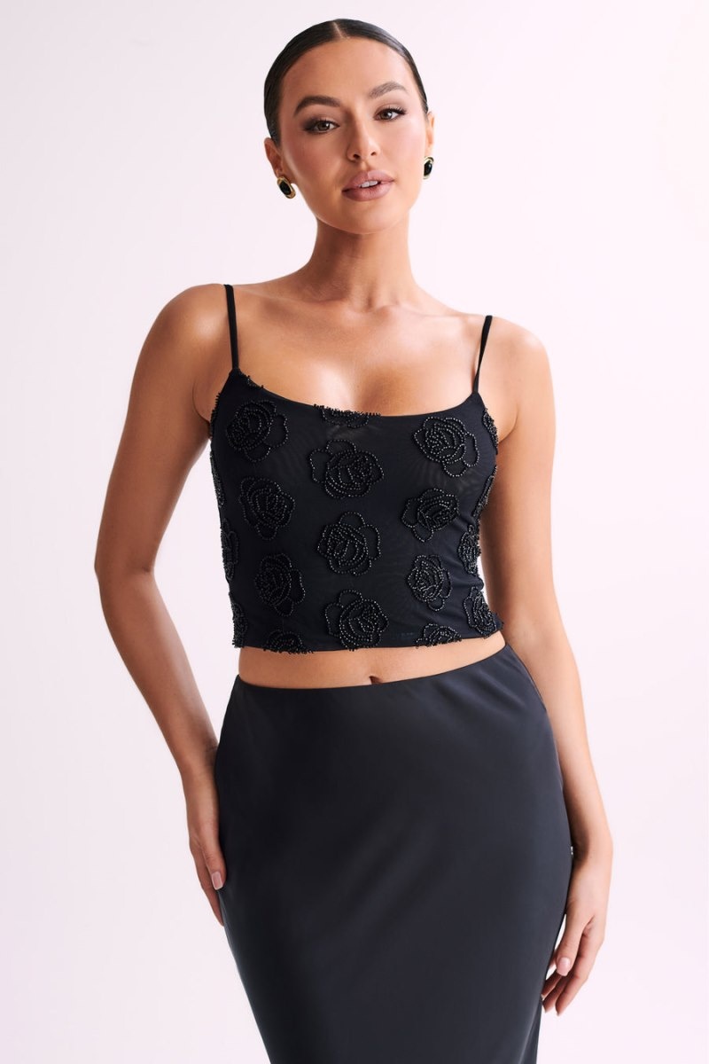 Women's Meshki Greta Rose Beaded Camisole Black Australia | P7S-8109