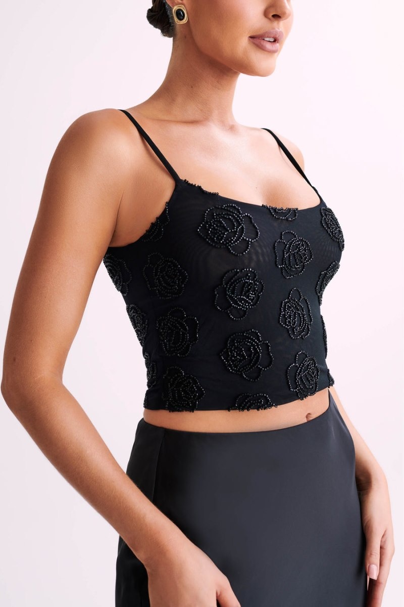 Women's Meshki Greta Rose Beaded Camisole Black Australia | P7S-8109