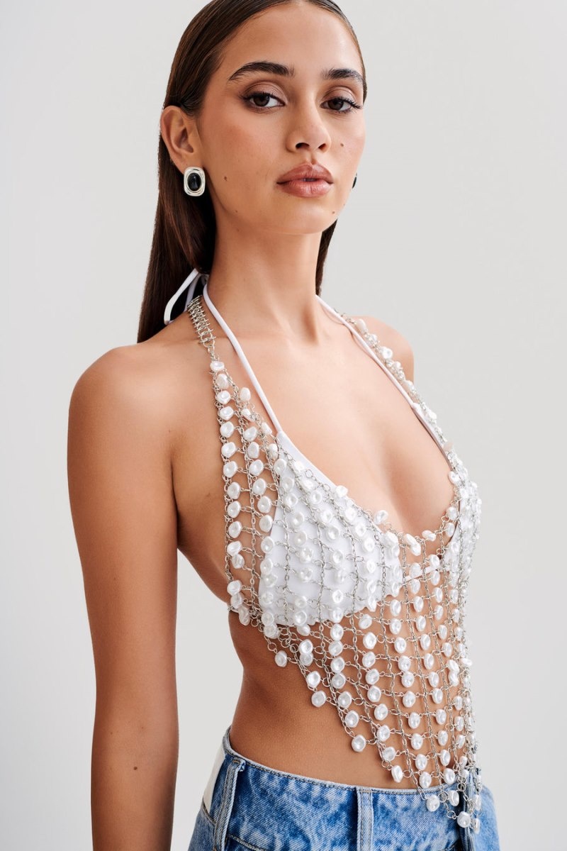 Women's Meshki Gretchen Pearl Halter Tops White Australia | U6Y-2930