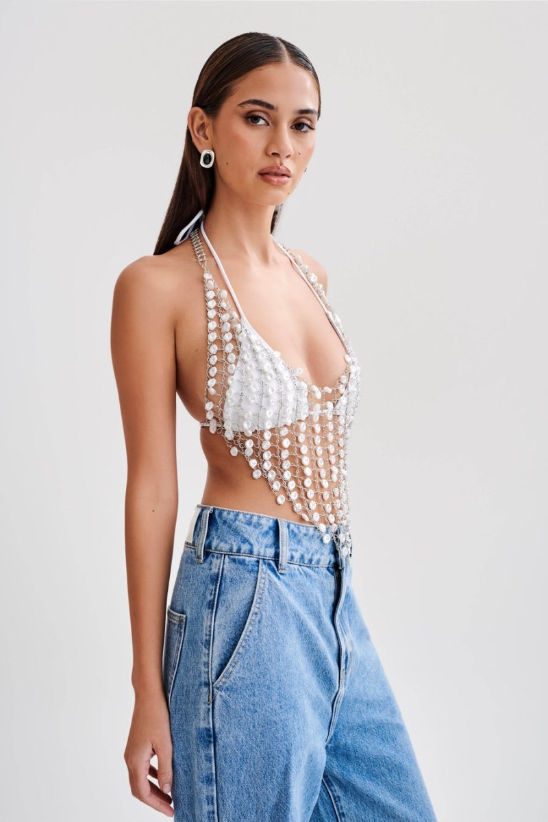 Women's Meshki Gretchen Pearl Halter Tops White Australia | U6Y-2930