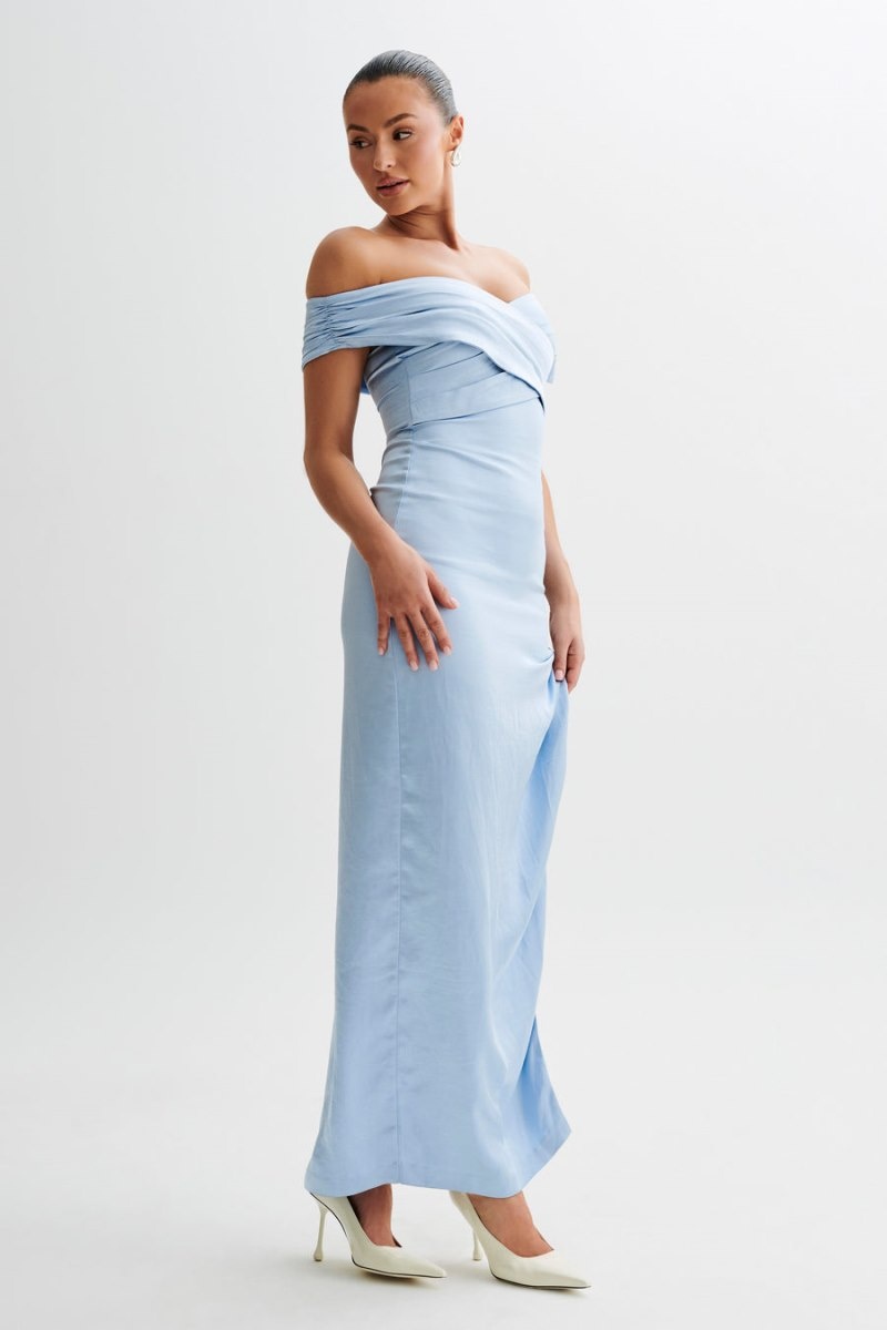 Women's Meshki Harley Off Shoulder Satin Maxi Dress Blue Australia | E4J-6761