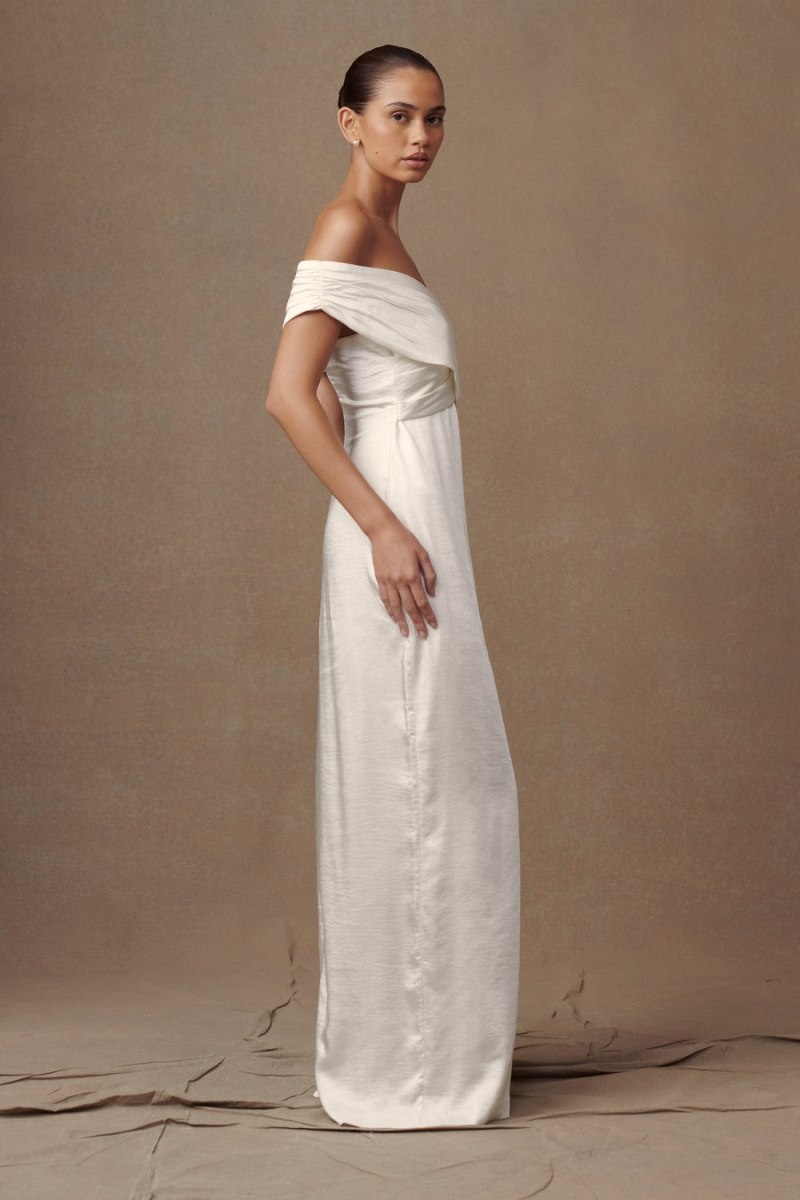 Women's Meshki Harley Off Shoulder Satin Maxi Dress White Australia | Z4H-2261