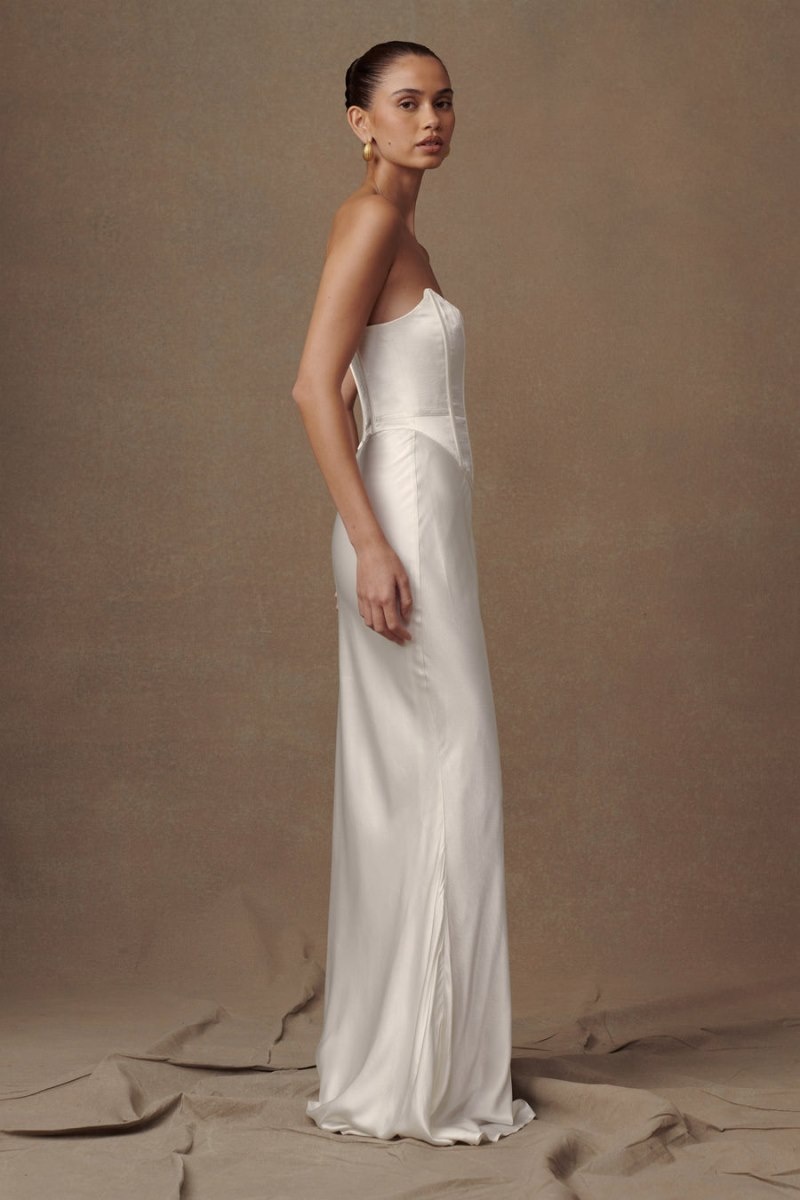 Women's Meshki Harlow Satin Strapless Maxi Dress White Australia | M1A-8512