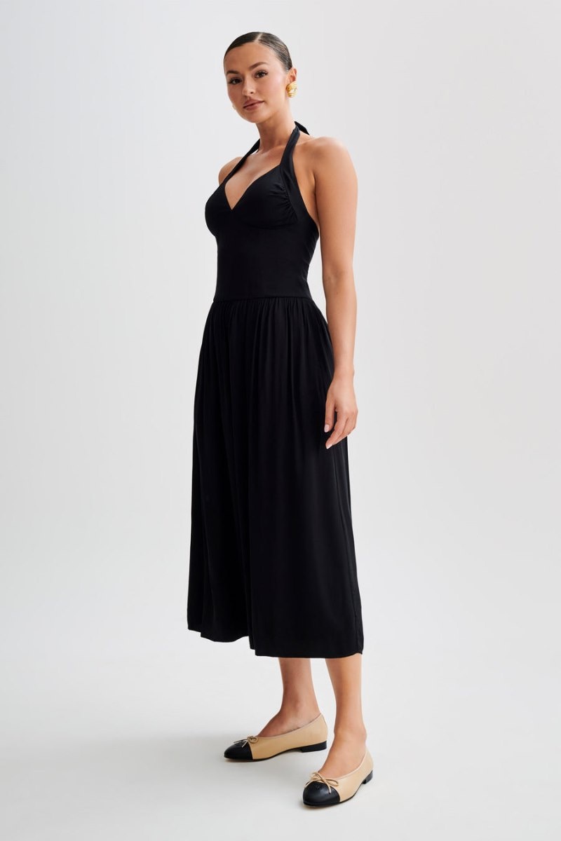 Women's Meshki Harriette Halter Midi Dress Black Australia | I3B-6350