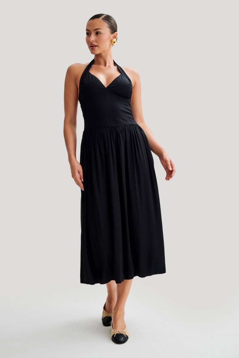 Women's Meshki Harriette Halter Midi Dress Black Australia | I3B-6350