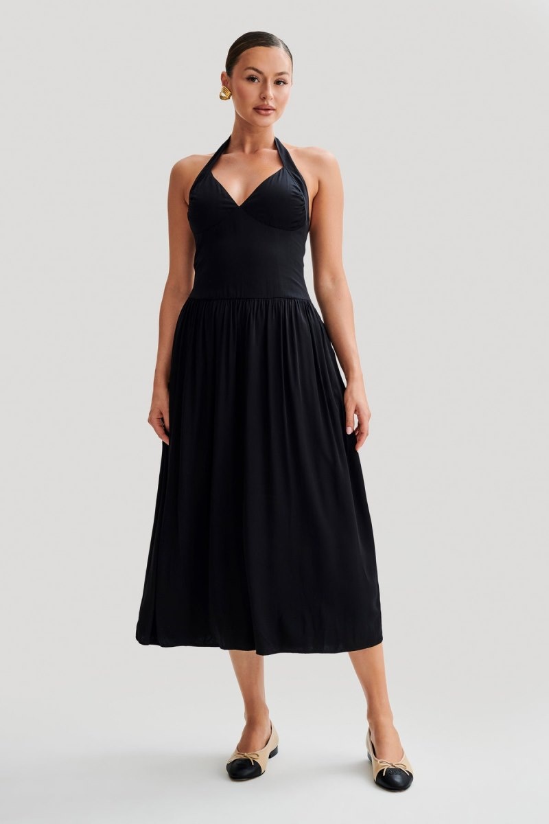 Women\'s Meshki Harriette Halter Midi Dress Black Australia | I3B-6350