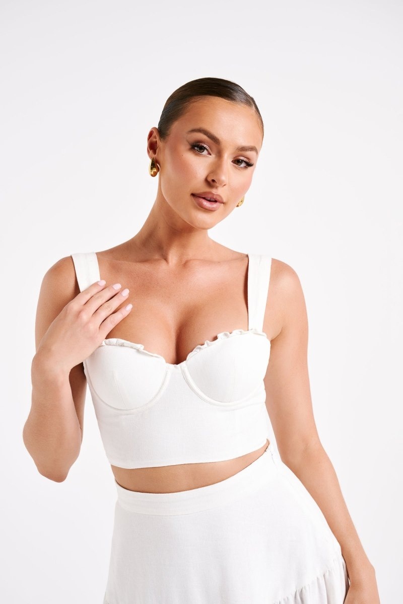 Women\'s Meshki Hilaria Cupped Linen Crop Tops White Australia | B0T-9762