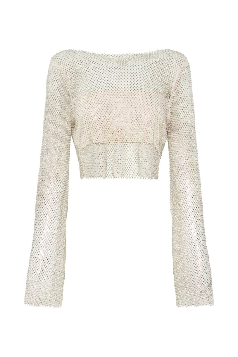 Women's Meshki Hilton Diamante Mesh Cowl Tops Cream Australia | R4B-8321