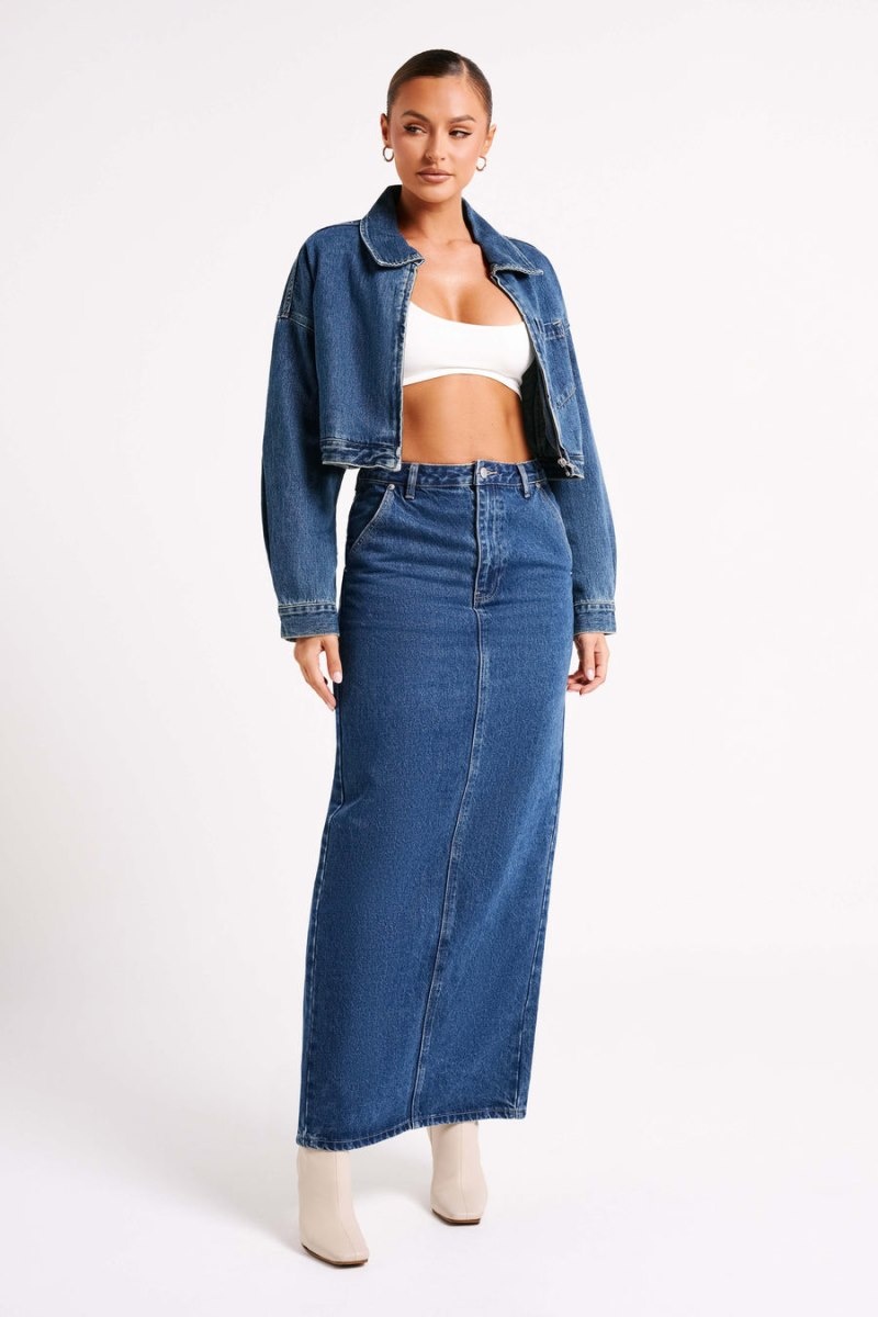 Women's Meshki Illona Denim Maxi Skirts Dark Blue Australia | C0H-5011