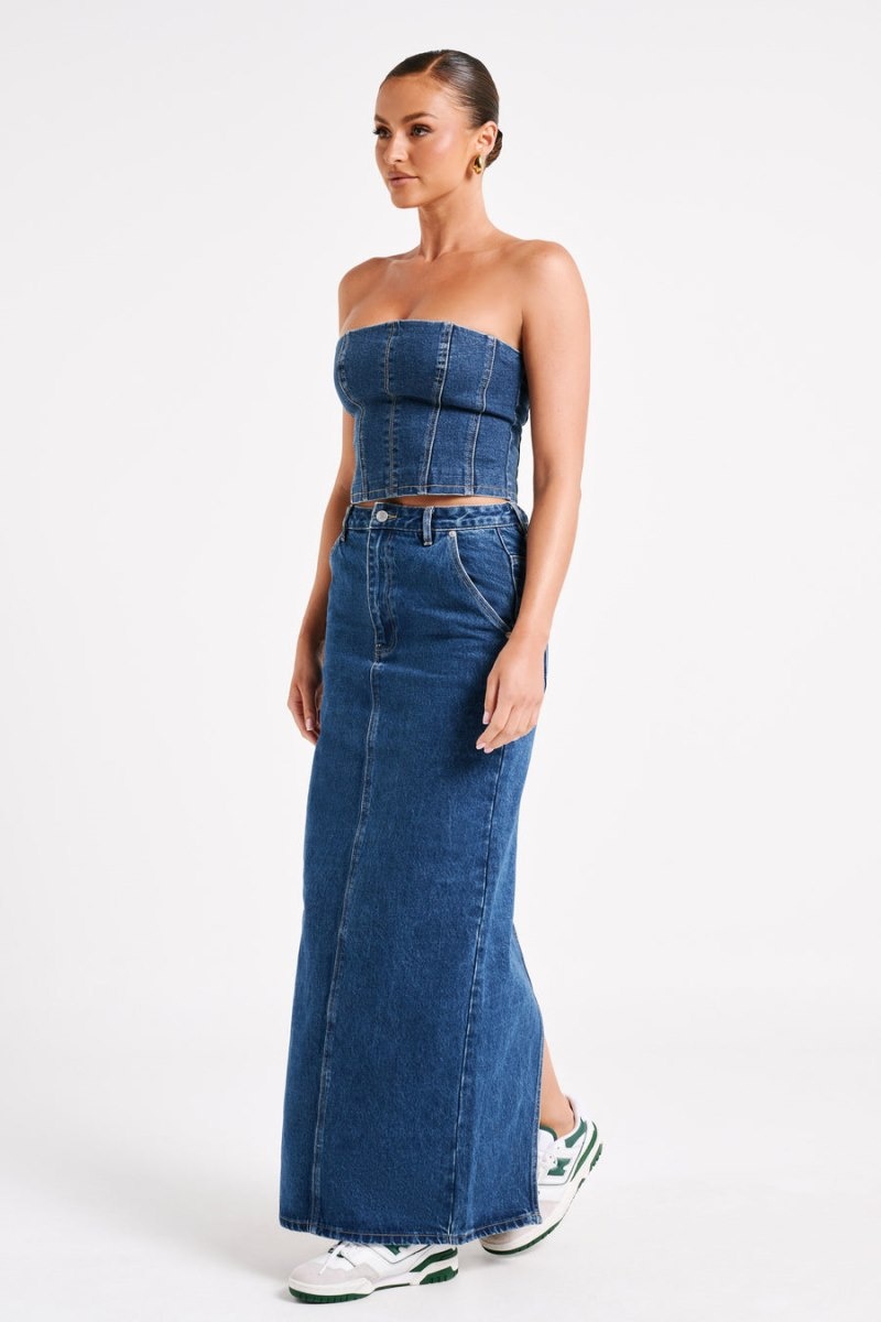 Women's Meshki Illona Denim Maxi Skirts Dark Blue Australia | C0H-5011