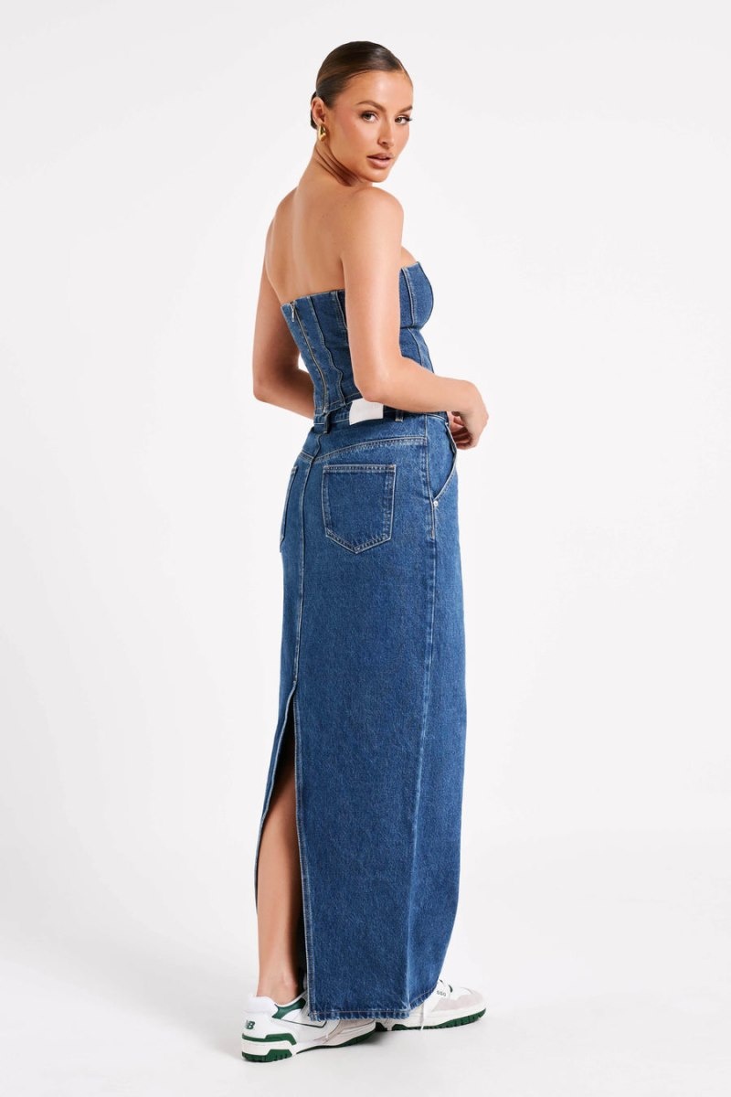 Women's Meshki Illona Denim Maxi Skirts Dark Blue Australia | C0H-5011