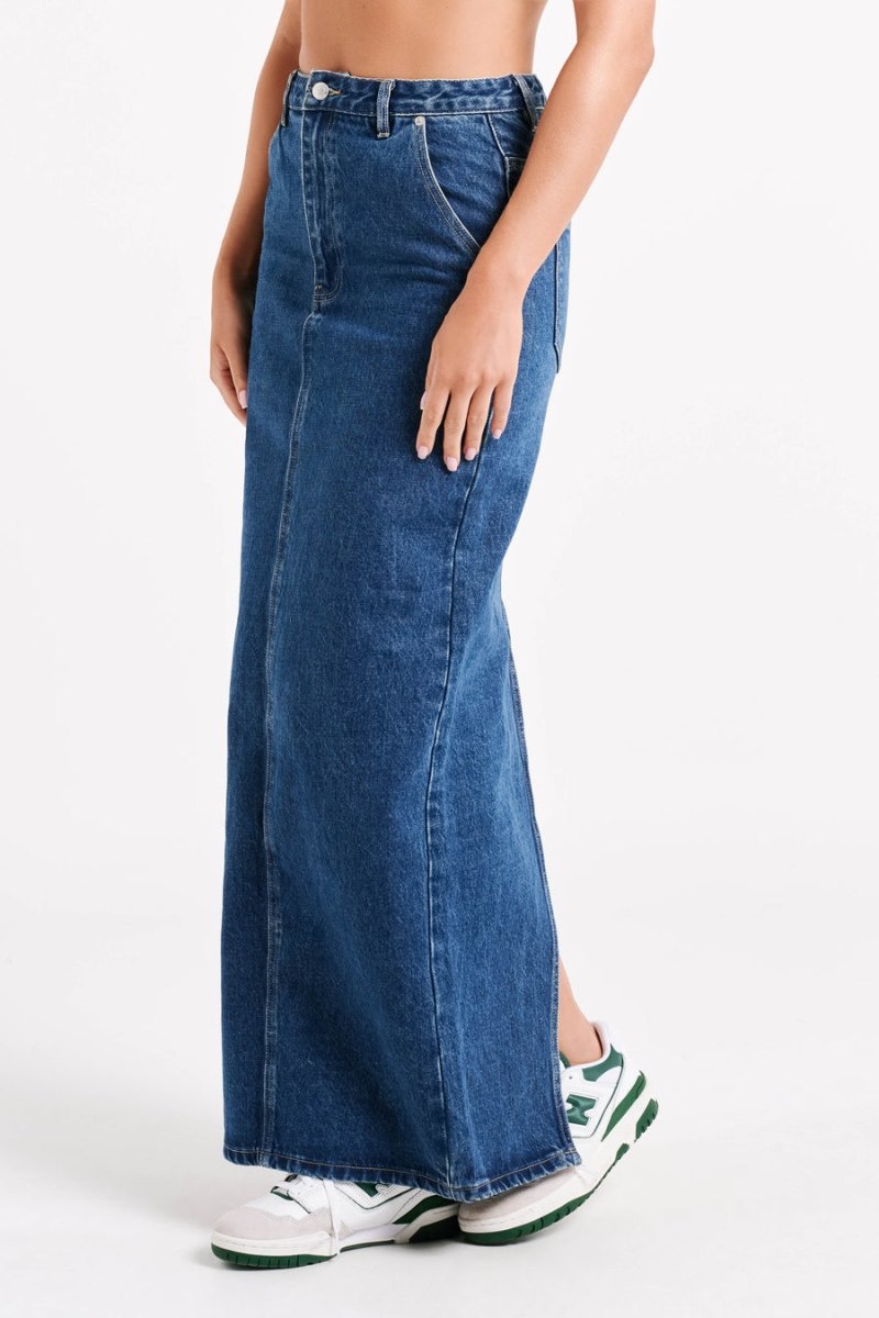 Women's Meshki Illona Denim Maxi Skirts Dark Blue Australia | C0H-5011