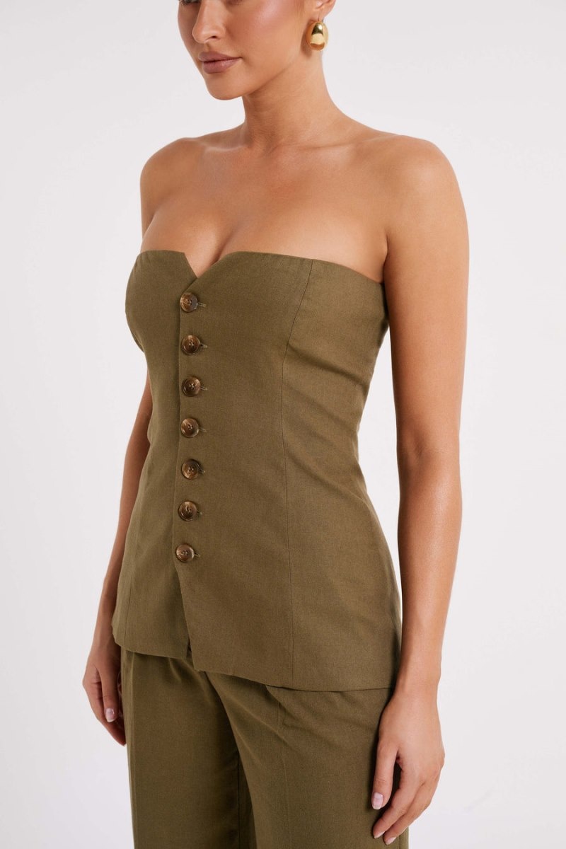 Women's Meshki Innis Linen Longline Strapless Tops Olive Australia | A5D-9169