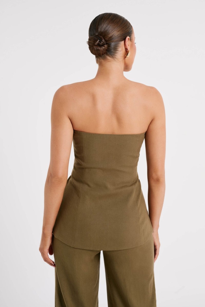 Women's Meshki Innis Linen Longline Strapless Tops Olive Australia | A5D-9169