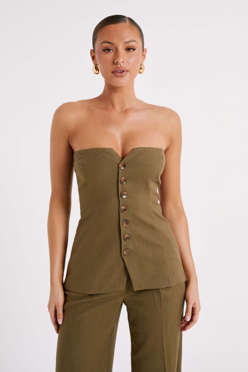 Women\'s Meshki Innis Linen Longline Strapless Tops Olive Australia | A5D-9169