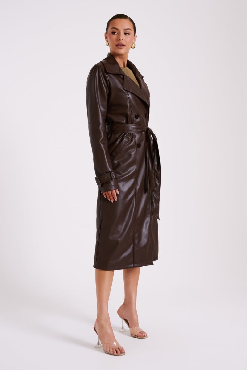 Women's Meshki Isla Pu Trench Trench Coat Dark Brown Australia | L8P-9240