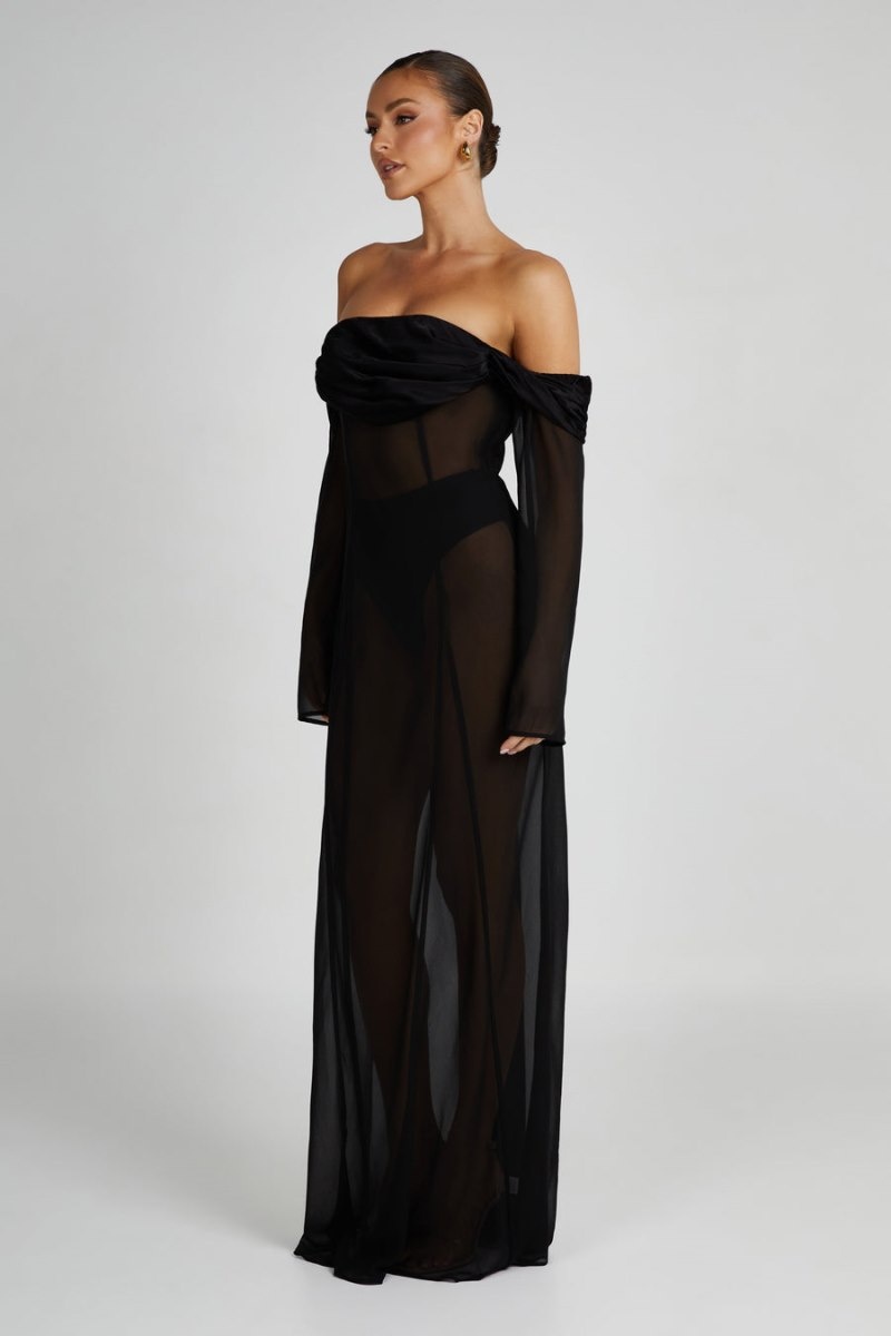 Women's Meshki Ivanna Off Shoulder Chiffon Maxi Dress Black Australia | M0P-1869