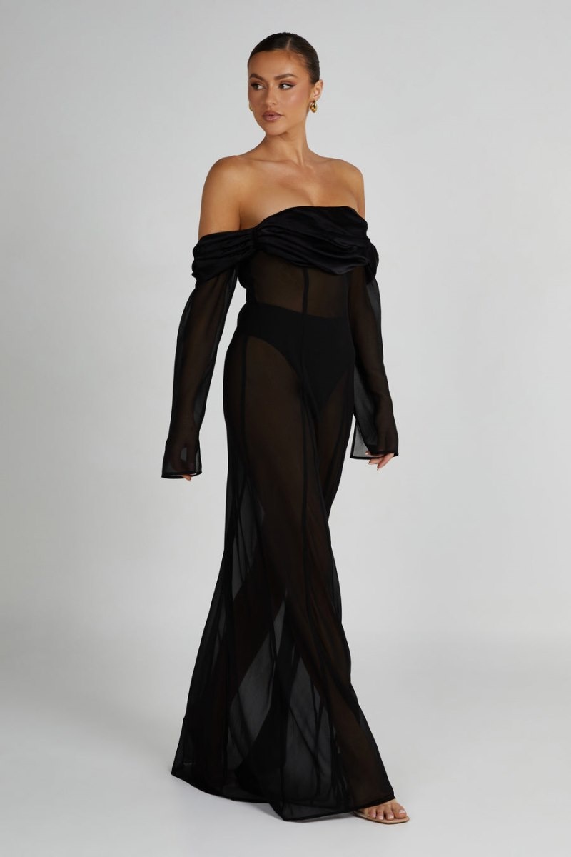 Women's Meshki Ivanna Off Shoulder Chiffon Maxi Dress Black Australia | M0P-1869