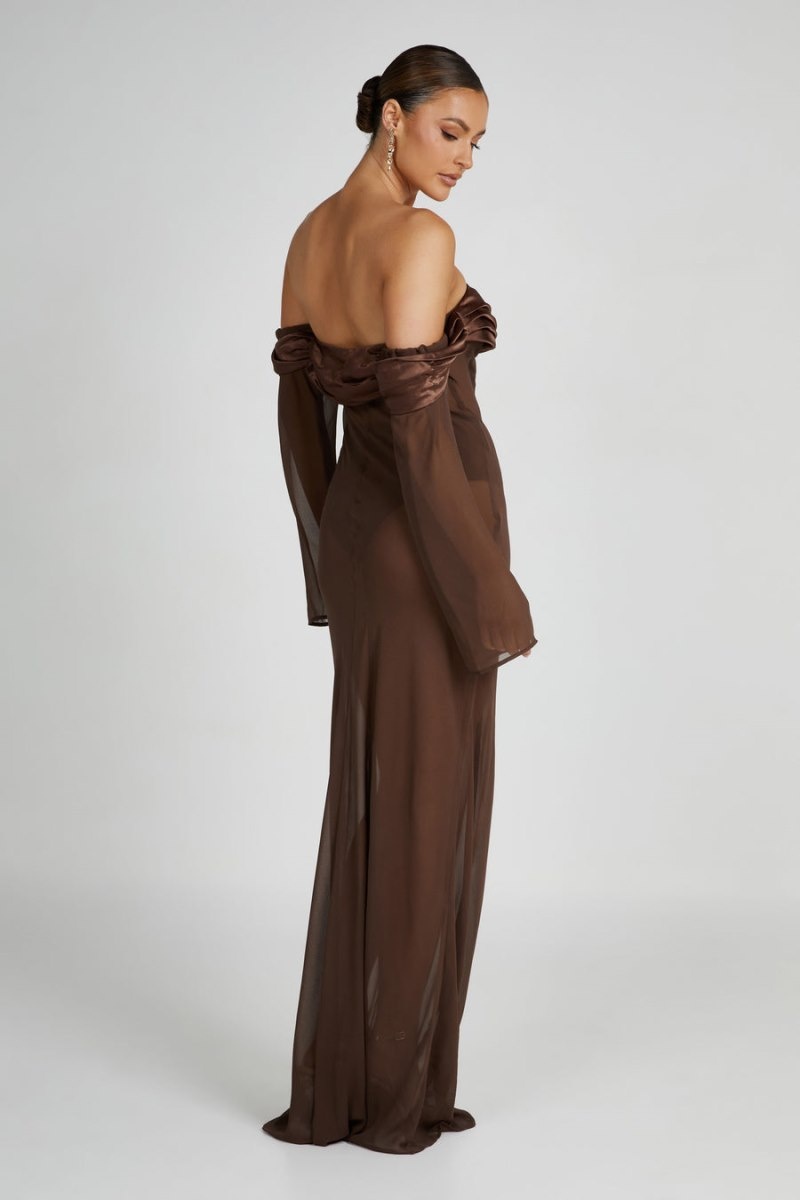 Women's Meshki Ivanna Off Shoulder Chiffon Maxi Dress Brown Australia | L2V-4124