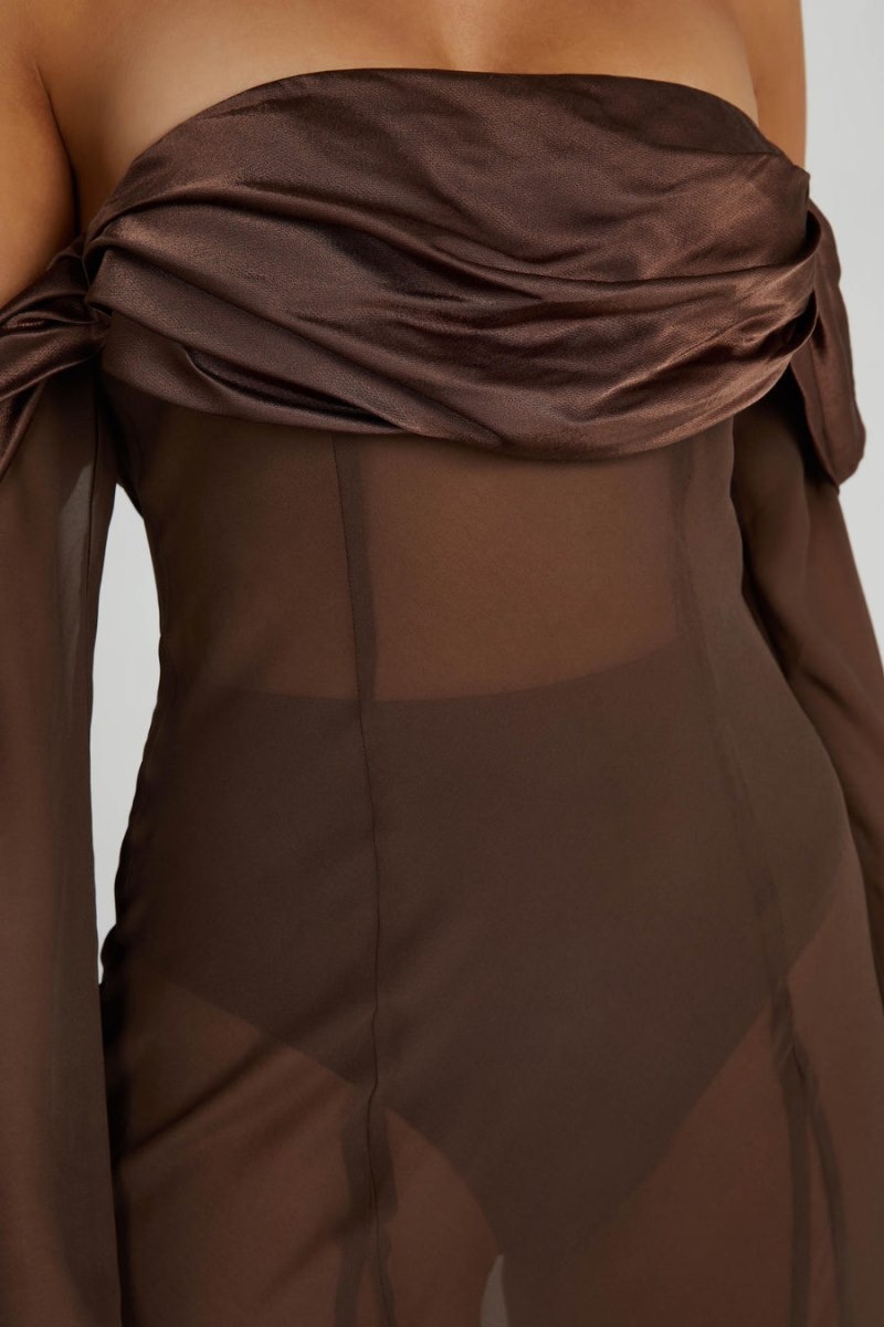 Women's Meshki Ivanna Off Shoulder Chiffon Maxi Dress Brown Australia | L2V-4124