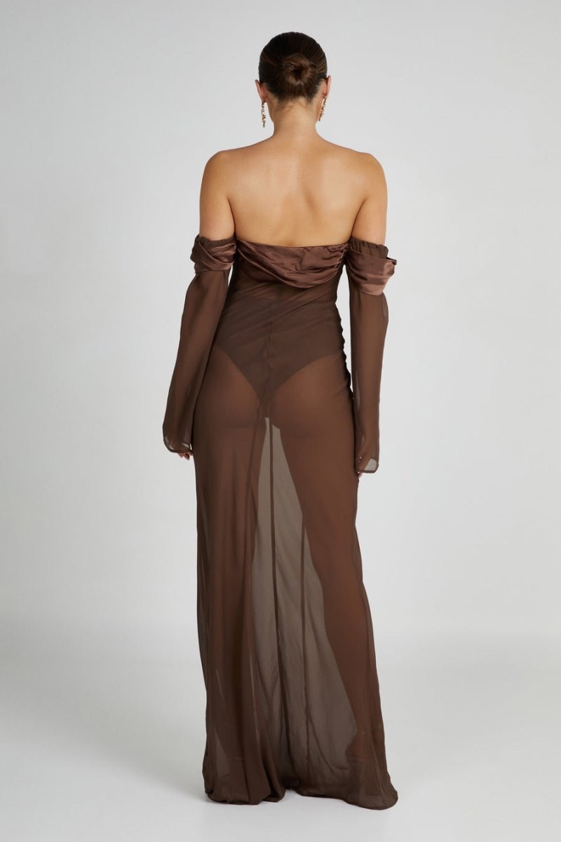 Women's Meshki Ivanna Off Shoulder Chiffon Maxi Dress Brown Australia | L2V-4124