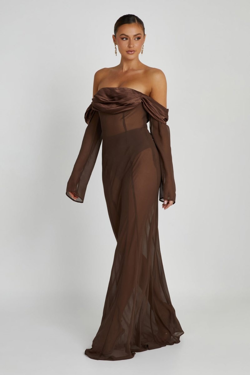 Women's Meshki Ivanna Off Shoulder Chiffon Maxi Dress Brown Australia | L2V-4124