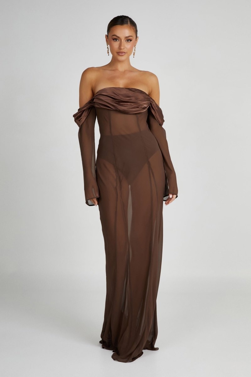 Women\'s Meshki Ivanna Off Shoulder Chiffon Maxi Dress Brown Australia | L2V-4124