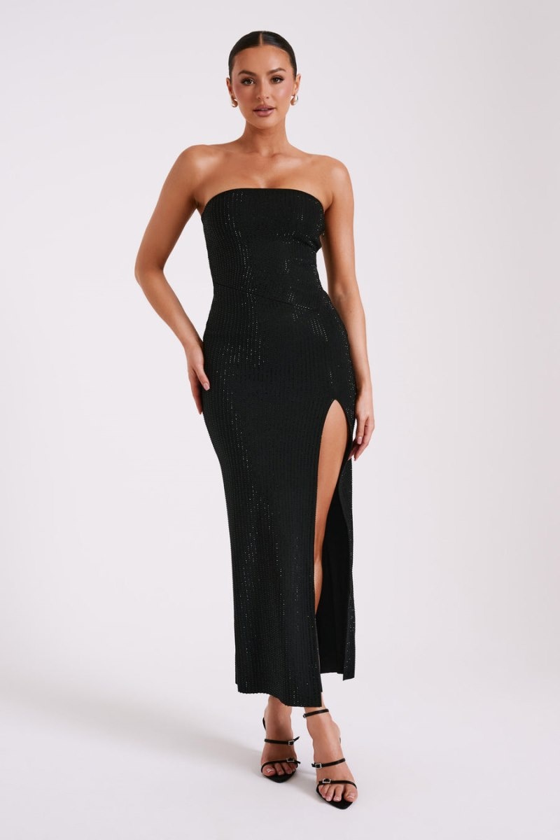 Women's Meshki Jenny Strapless Diamante Midi Dress Black Australia | Q4Q-0510