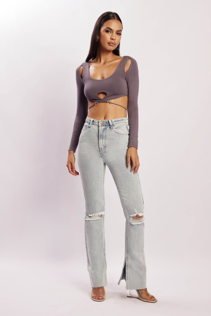 Women's Meshki Jessie Long Sleeve Cut Out Crop Tops Deep Grey Australia | U5Z-4205