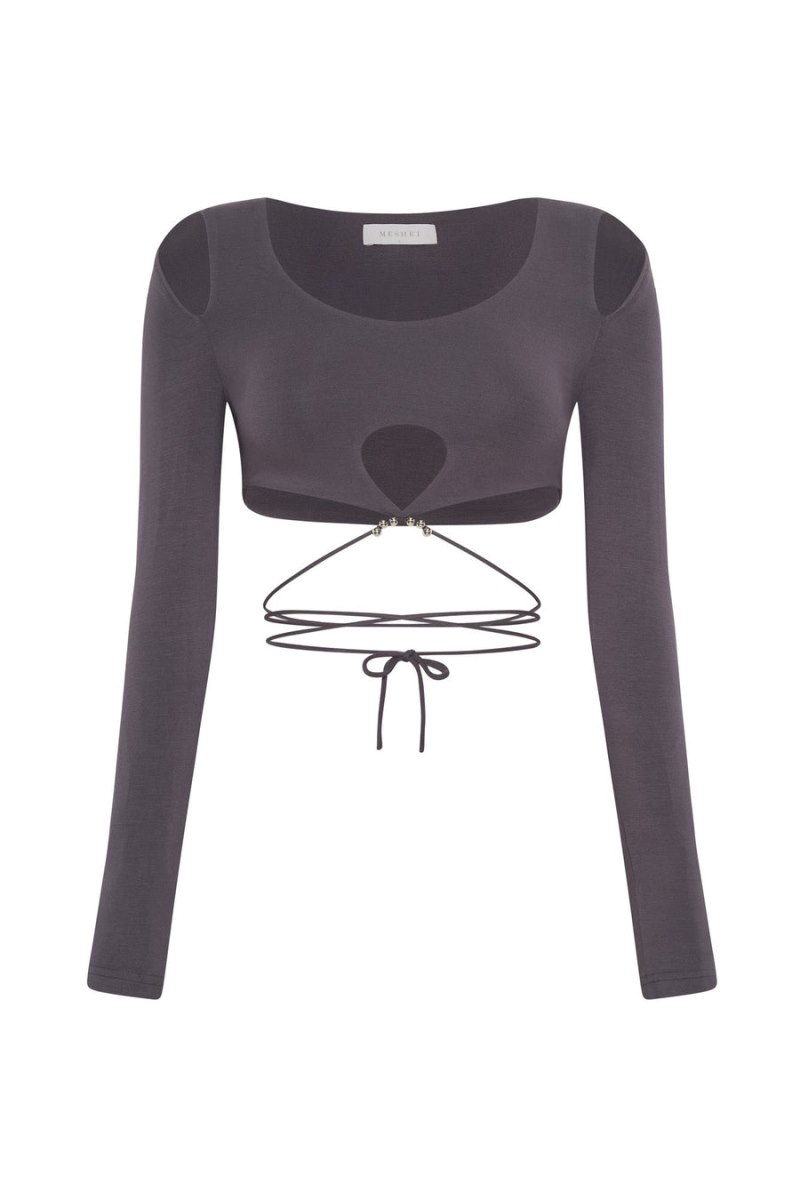 Women's Meshki Jessie Long Sleeve Cut Out Crop Tops Deep Grey Australia | U5Z-4205