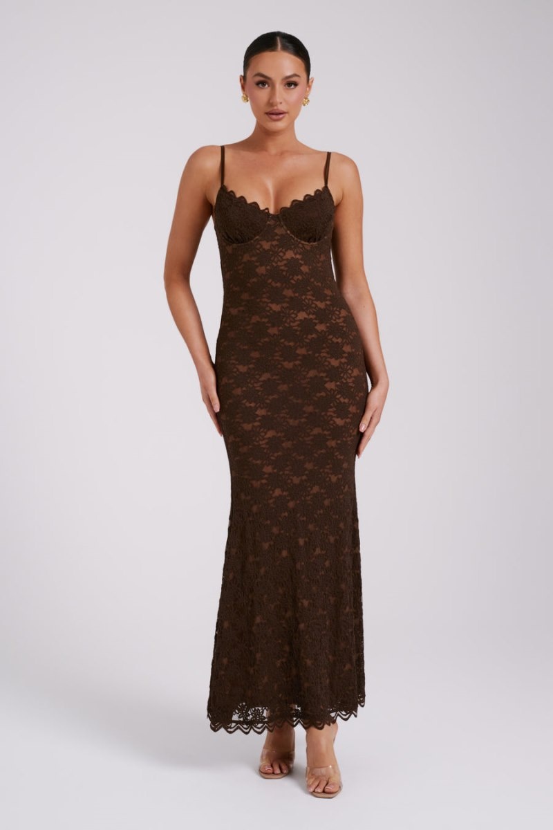 Women's Meshki Joelle Lace Cupped Maxi Dress Chocolate Australia | M0X-0336