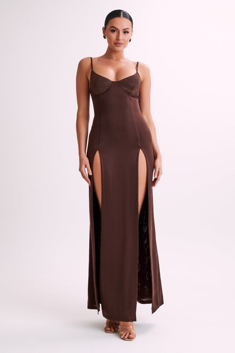 Women's Meshki Jojo Jersey Split Diamante Maxi Dress Chocolate Australia | I7F-8588