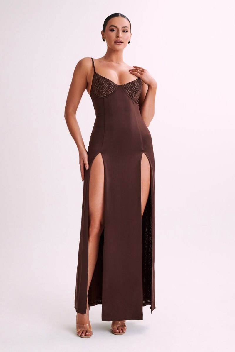 Women's Meshki Jojo Jersey Split Diamante Maxi Dress Chocolate Australia | I7F-8588