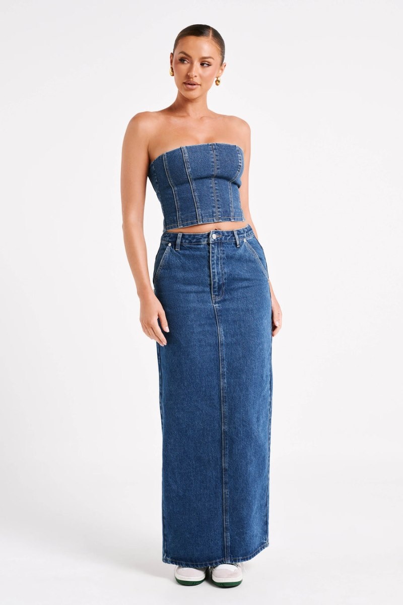 Women's Meshki Jordana Denim Tube Tops Dark Blue Australia | S7C-1181