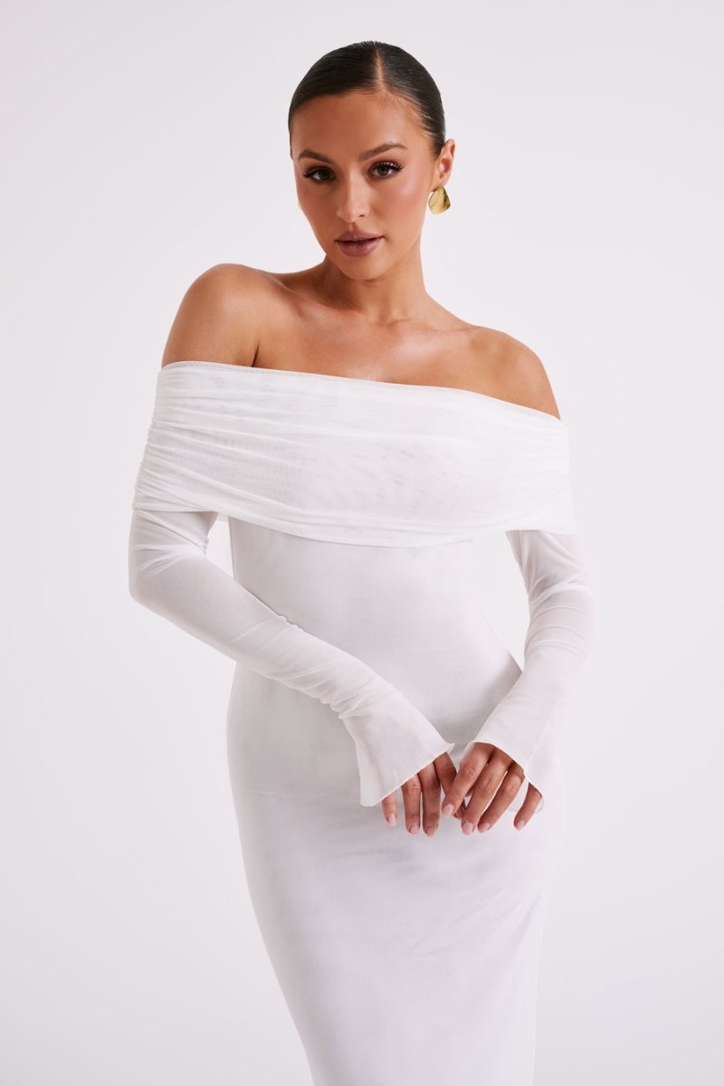 Women's Meshki Josie Off Shoulder Mesh Maxi Dress White Australia | P6C-3260