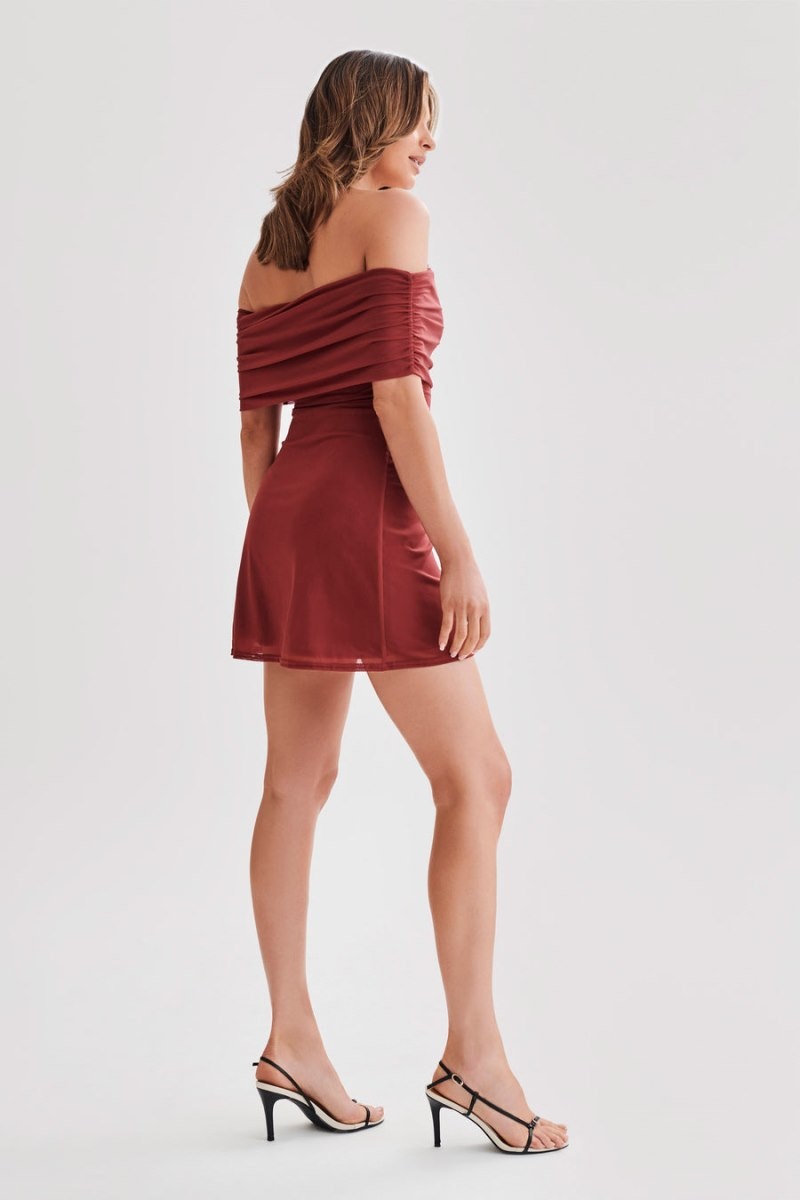 Women's Meshki Josie Off Shoulder Mesh Mini Dress Dark Red Australia | N2L-5171